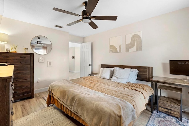 bedroom featuring ceiling fan and light hardwood / wood-style flooring