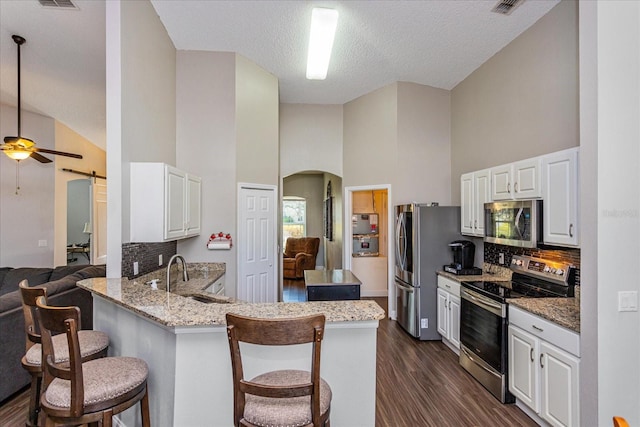 kitchen featuring kitchen peninsula, appliances with stainless steel finishes, tasteful backsplash, sink, and a breakfast bar area