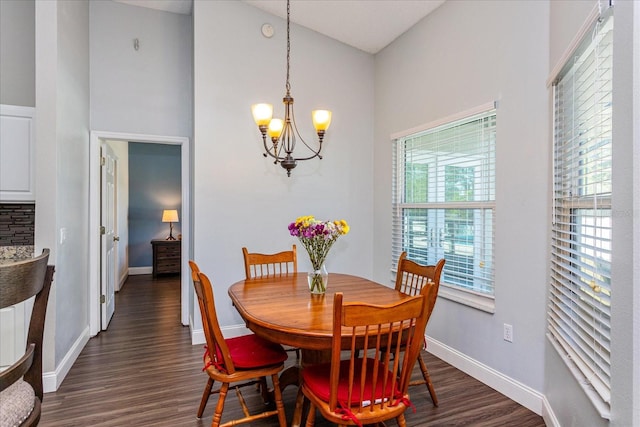 dining room with dark wood-type flooring and a notable chandelier