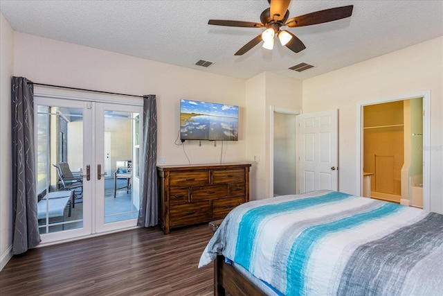 bedroom with french doors, a textured ceiling, access to outside, and ceiling fan