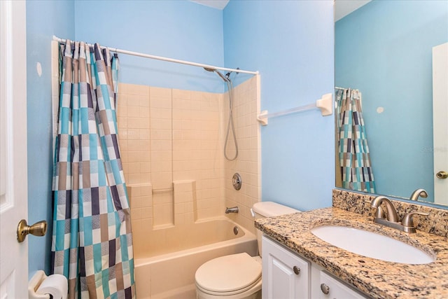 full bathroom with vanity, toilet, and shower / bathtub combination with curtain