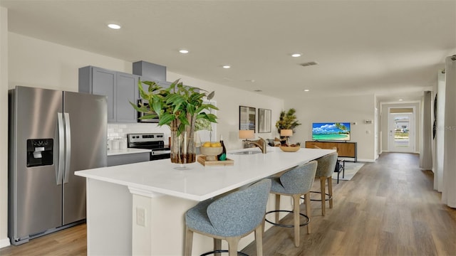 kitchen with gray cabinetry, a kitchen island with sink, sink, appliances with stainless steel finishes, and tasteful backsplash