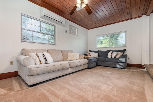 living room featuring ceiling fan, ornamental molding, a wall mounted AC, light colored carpet, and wood ceiling