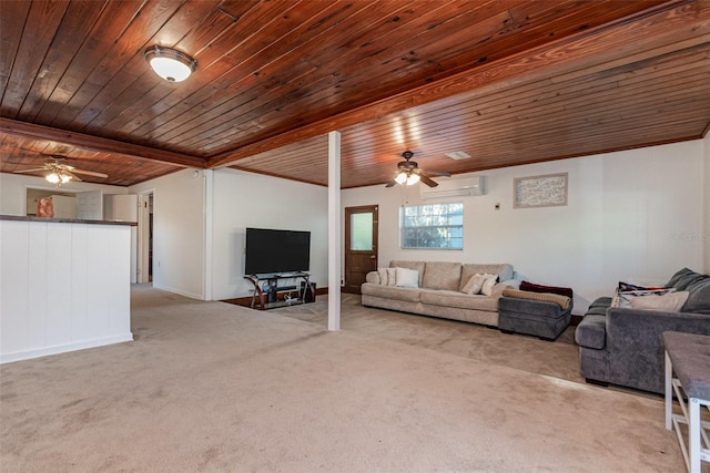 carpeted living room with ceiling fan, beamed ceiling, wooden ceiling, and a wall mounted air conditioner