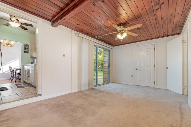 empty room with ceiling fan with notable chandelier, beam ceiling, light colored carpet, and wood ceiling