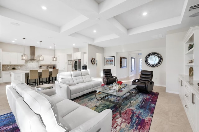 living room with beam ceiling, light tile patterned floors, and coffered ceiling