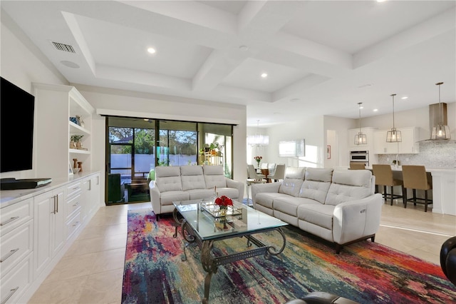 tiled living room featuring beam ceiling and coffered ceiling