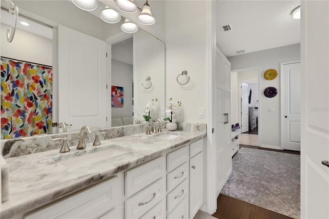 bathroom with hardwood / wood-style flooring and vanity