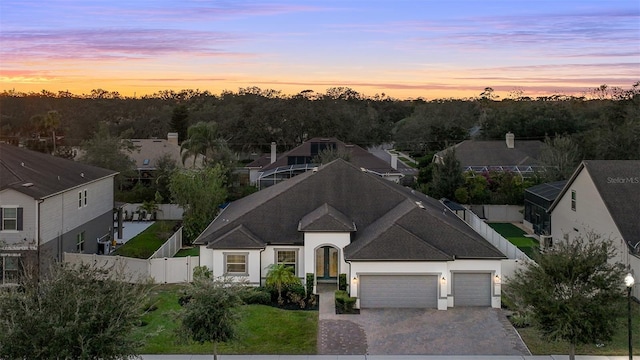 view of aerial view at dusk