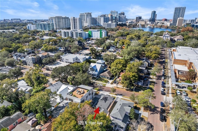 drone / aerial view with a water view