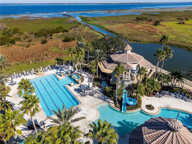 drone / aerial view with a water view