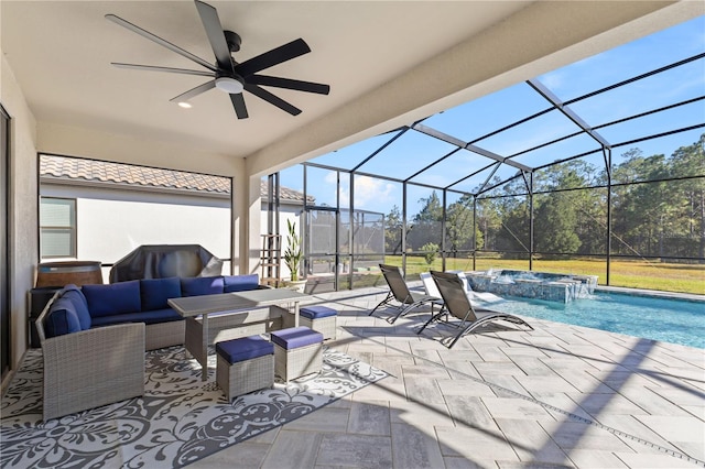 view of patio / terrace with a pool with hot tub, pool water feature, an outdoor living space, ceiling fan, and glass enclosure