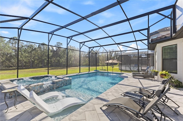 view of pool featuring a lawn, glass enclosure, an in ground hot tub, and a patio area