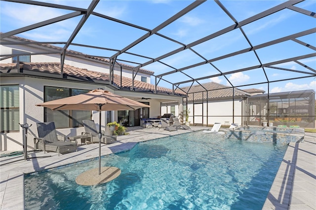 view of swimming pool featuring a lanai, ceiling fan, and a patio