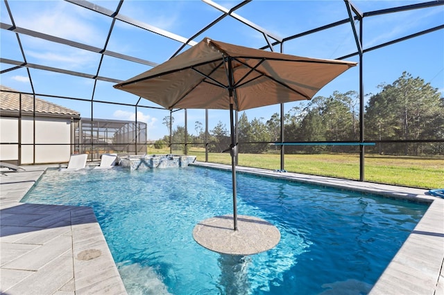 view of swimming pool with a lanai and a patio