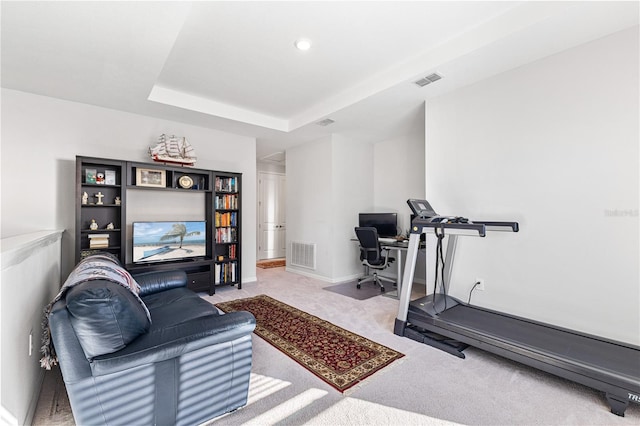 exercise area featuring light carpet and a tray ceiling