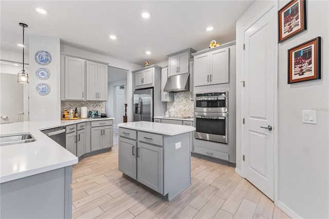 kitchen with pendant lighting, gray cabinetry, decorative backsplash, appliances with stainless steel finishes, and kitchen peninsula