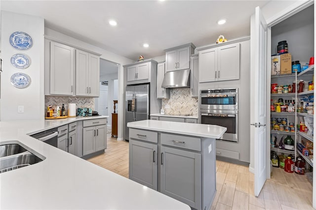 kitchen with backsplash, sink, gray cabinetry, and stainless steel appliances