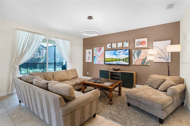 living room featuring light tile patterned floors