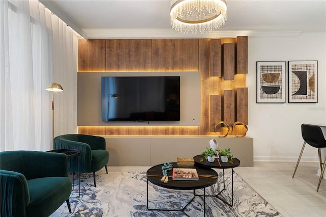 tiled living room featuring ornamental molding and an inviting chandelier