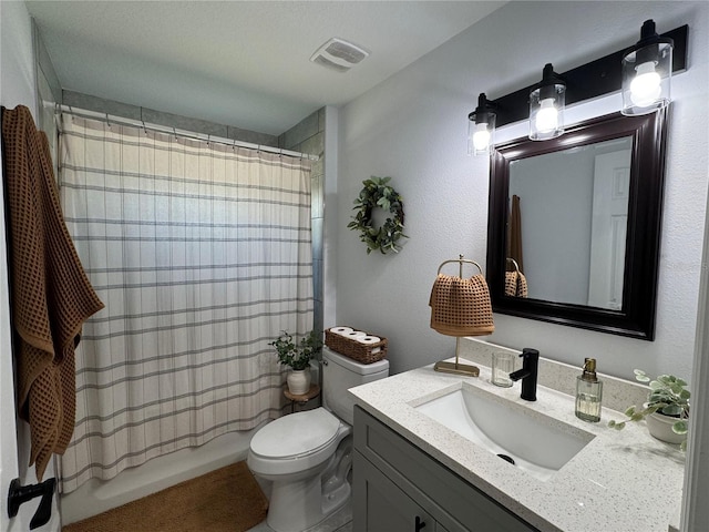 full bathroom with toilet, vanity, and shower / bathtub combination with curtain