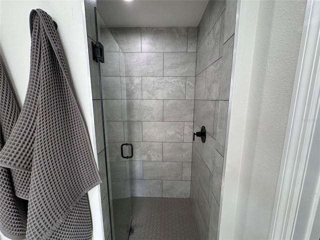 bathroom featuring a shower with door