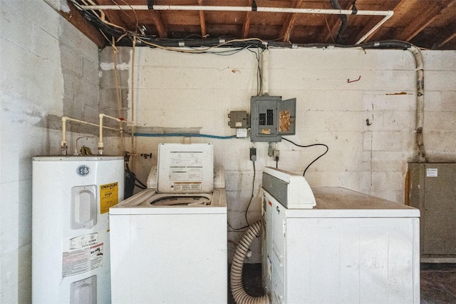 laundry room with washing machine and clothes dryer, electric panel, and water heater