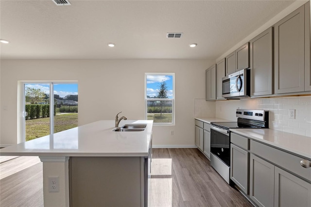 kitchen featuring gray cabinetry, sink, an island with sink, decorative backsplash, and appliances with stainless steel finishes