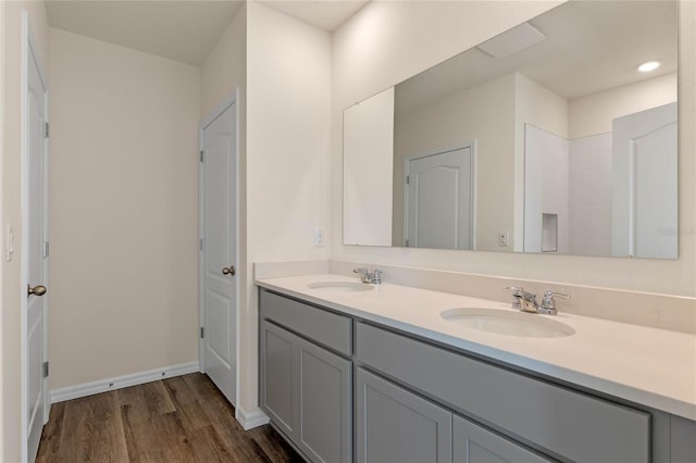 bathroom with vanity and wood-type flooring