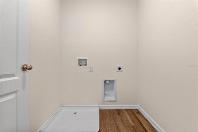 laundry room with electric dryer hookup, hardwood / wood-style floors, and washer hookup