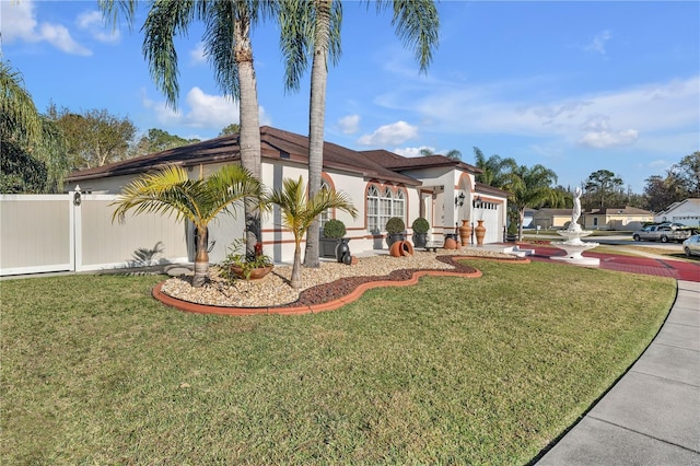 mediterranean / spanish house with a front yard and a garage