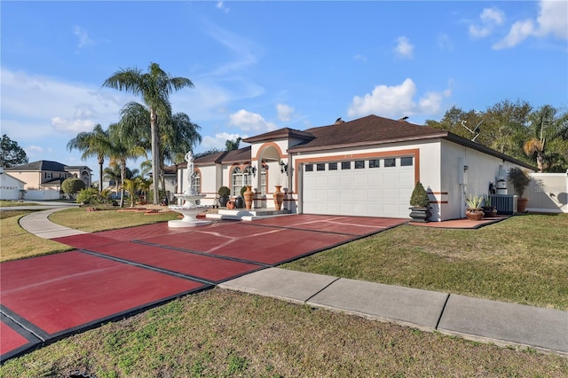 view of front facade featuring a front lawn, cooling unit, and a garage