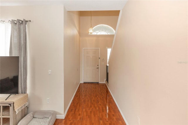 corridor with hardwood / wood-style flooring