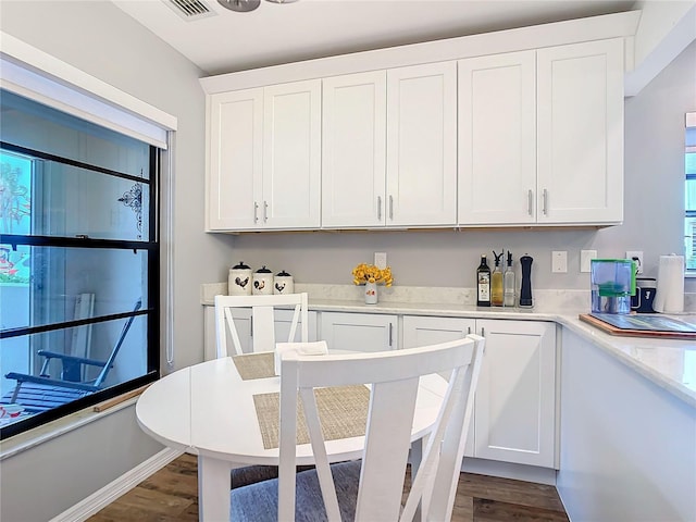 kitchen with dark wood-style floors, white cabinets, light countertops, and a healthy amount of sunlight