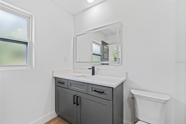 bathroom with wood-type flooring, vanity, toilet, and a healthy amount of sunlight