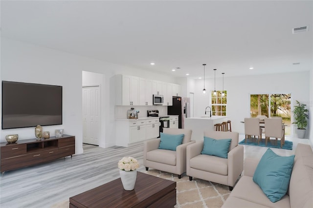 living room featuring light wood-type flooring and sink