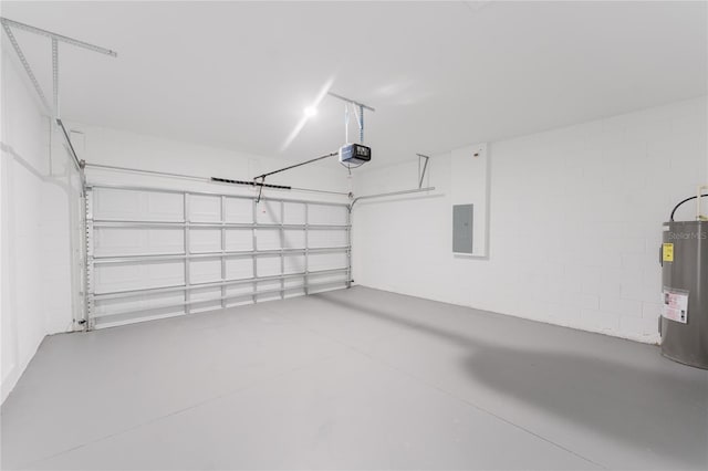 garage with electric panel, water heater, and a garage door opener