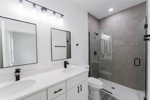 bathroom with vanity, a shower with door, and toilet