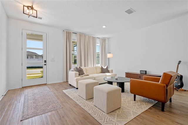 living room with a chandelier and light hardwood / wood-style flooring