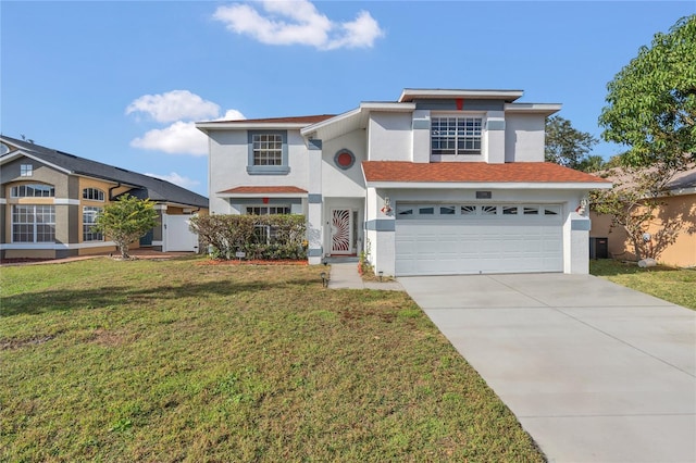 view of front of property featuring cooling unit, a front yard, and a garage