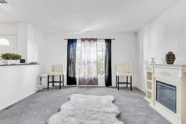 sitting room featuring light carpet and a textured ceiling