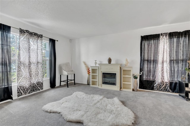 living room featuring carpet flooring, a textured ceiling, and a wealth of natural light