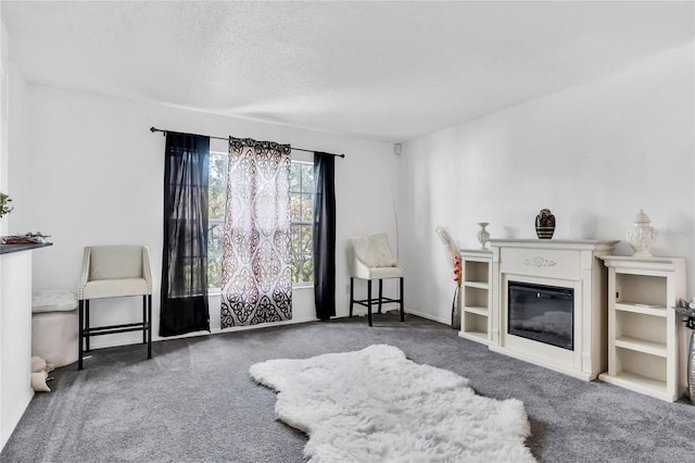 carpeted living room featuring a textured ceiling