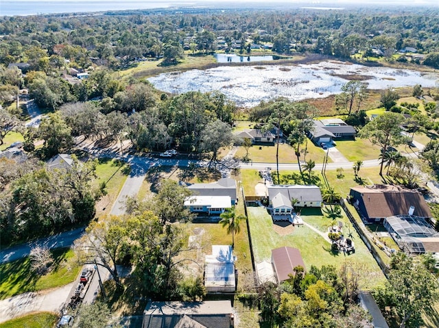 drone / aerial view with a water view