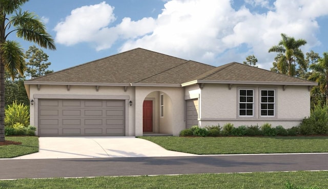 ranch-style home featuring a front yard and a garage