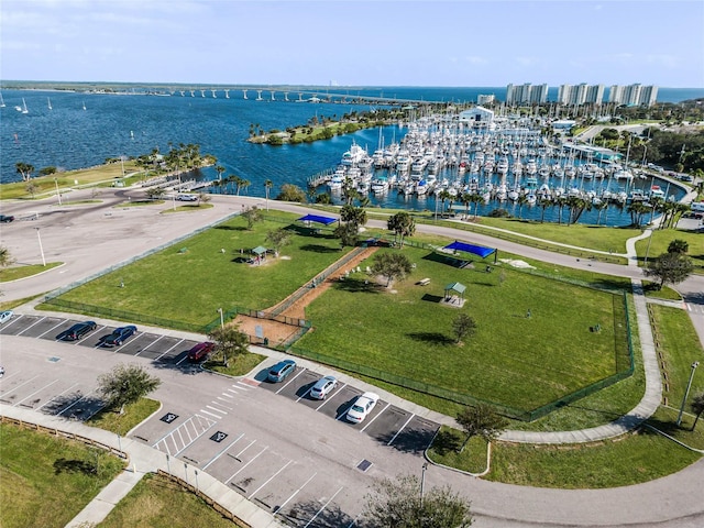 bird's eye view with a water view