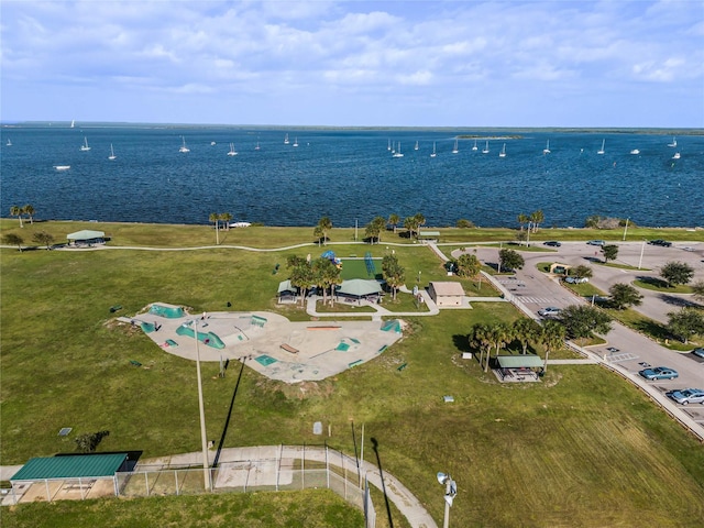 aerial view featuring a water view