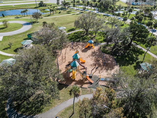 birds eye view of property with a water view