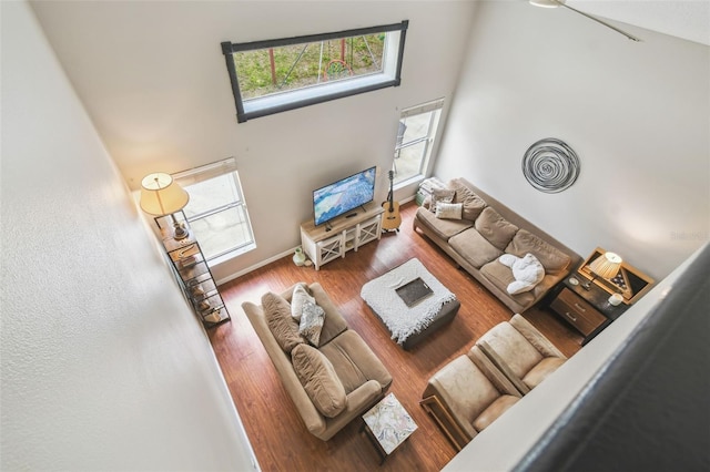 living room featuring a towering ceiling and wood-type flooring