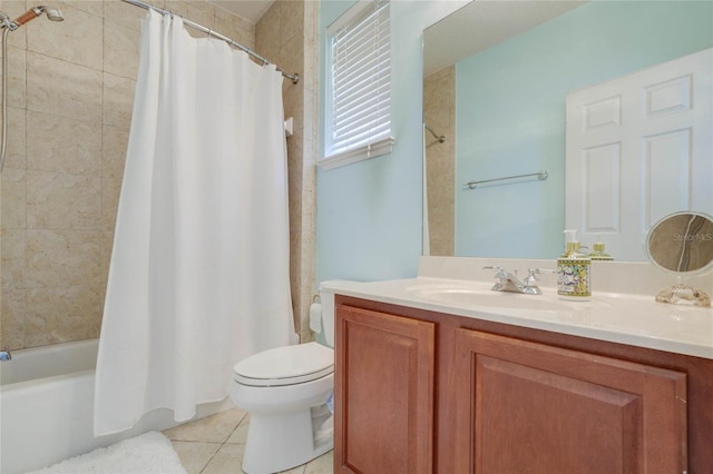 full bathroom with tile patterned floors, vanity, toilet, and shower / tub combo with curtain